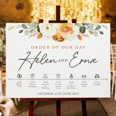Personalised burnt orange wedding order of the day sign featuring warm terracotta and amber tones.