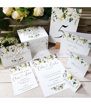 Concertina White Roses wedding stationery sample featuring elegant white floral design.