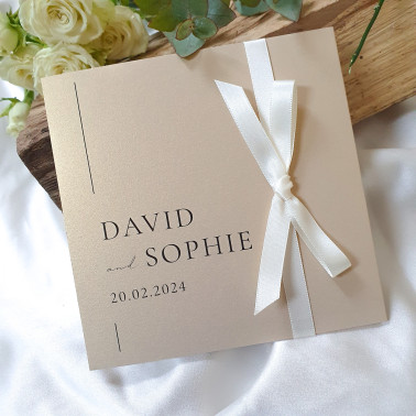 Luxury champagne wedding invitation featuring a modern font and stylish concertina Z-fold design.