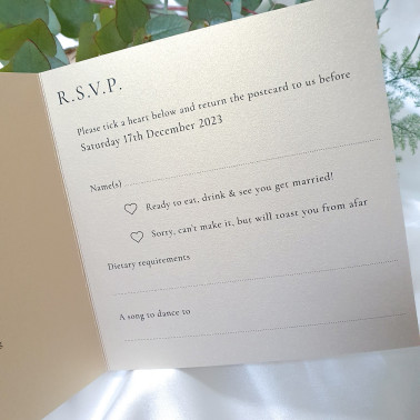 Personalised neutral wedding invitation in sophisticated champagne and cream tones for an elegant UK wedding.