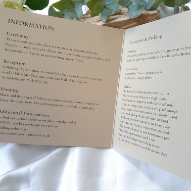 Contemporary champagne concertina wedding invitations with coordinating information and RSVP sections.
