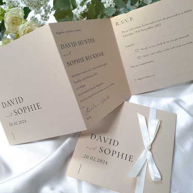 Luxury champagne and cream concertina wedding invitation with personalised details, elegant and modern.