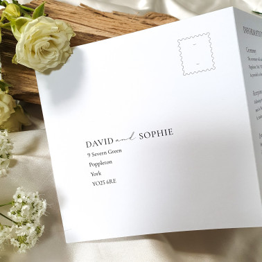Personalised luxury wedding invitation with clean minimalist black and white design.