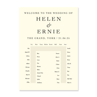 Personalised wedding seating plan with elegant minimalist typography.