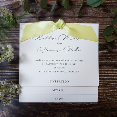 Elegant Lemon Yellow wedding invitation with luxury pearl white card and satin ribbon