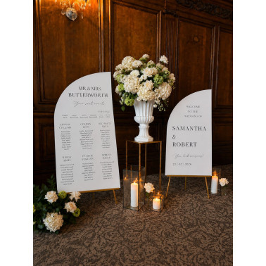 Modern wedding welcome sign with matching seating plan.