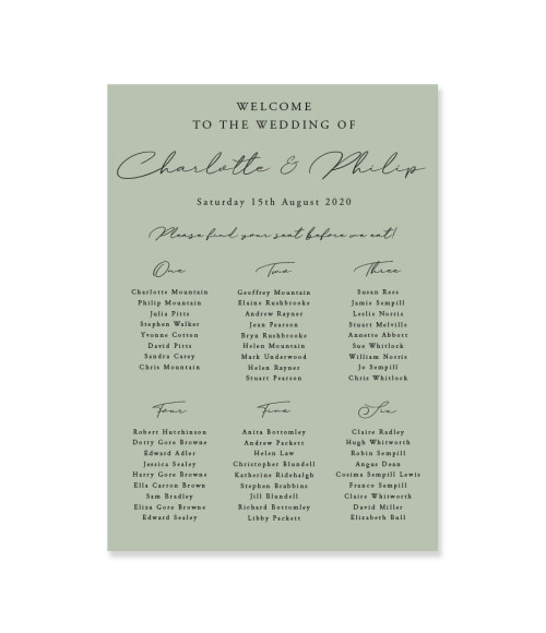 Elegant personalised sage green wedding seating chart for stylish receptions.