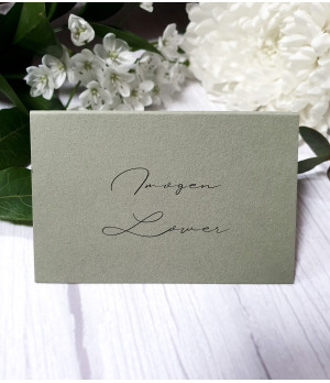 Personalised Sage Green wedding place cards printed on cotton soft premium card for stylish wedding table settings.
