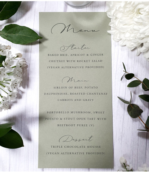 Luxury sage green wedding menu card featuring elegant typography for your wedding breakfast or reception.