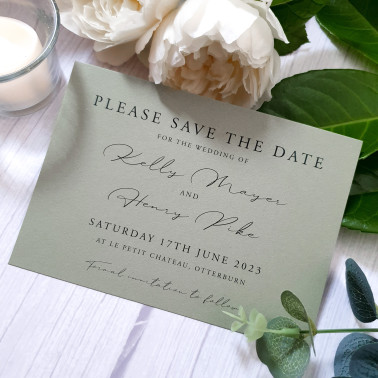 Premium sage green wedding stationery sample with modern typography, perfect for rustic, botanical, and elegant weddings.