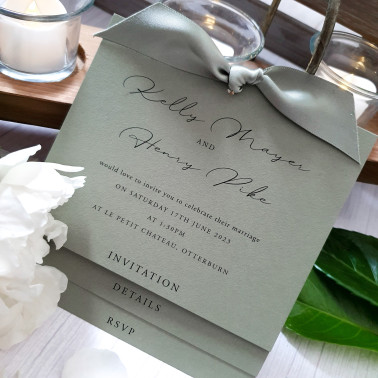 Beautiful personalised sage green wedding invitation sample printed on luxury recycled cotton cardstock with timeless styling.