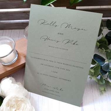 Beau Sage Green wedding stationery sample showcasing premium wedding invitations with matching RSVP and coordinated stationery.