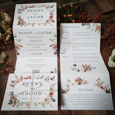 Luxury taupe and cream concertina wedding invitation with elegant typography, personalised for stylish UK weddings.