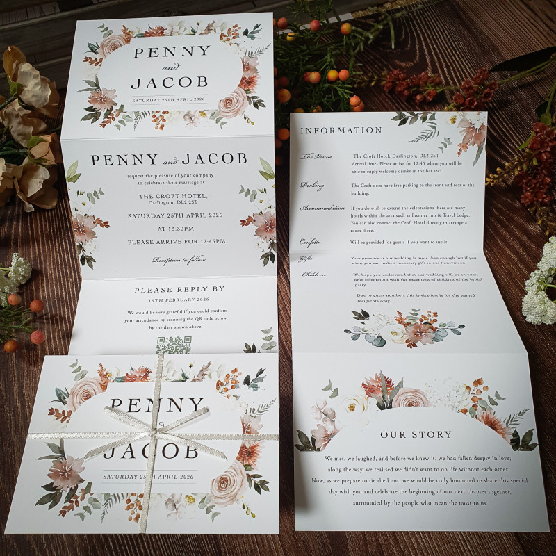 Luxury taupe and cream concertina wedding invitation with elegant typography, personalised for stylish UK weddings.
