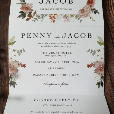Elegant taupe and cream wedding invitation featuring a fold-out concertina design with RSVP and guest information.