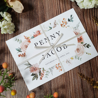Luxury wedding invitation in taupe and cream combining minimalist styling with personalised wedding details.