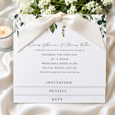 Elegant white roses wedding invitation with luxury textured card and romantic floral design