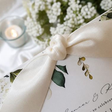 Luxury day wedding invitation with white roses and botanical greenery for timeless wedding styling