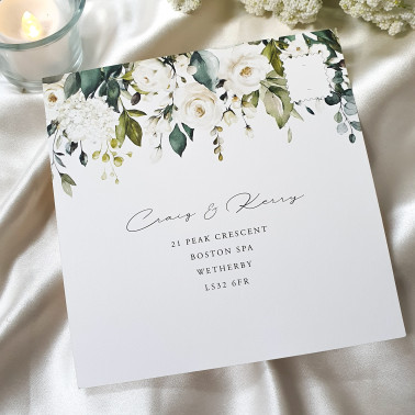 Timeless floral wedding invitation with white roses, perfect for luxury and rustic wedding themes