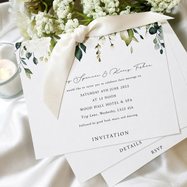 Floral wedding invitation design with elegant white roses and modern calligraphy font