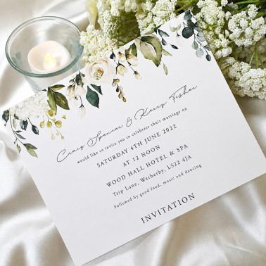 Classic white roses wedding stationery suite for elegant garden or traditional weddings