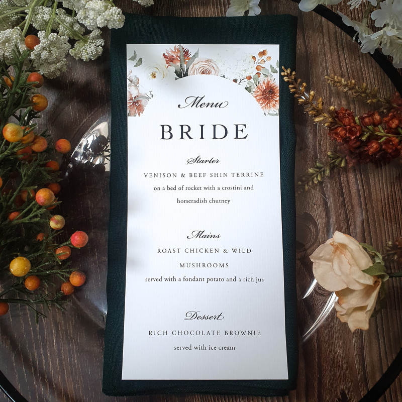 Luxury taupe wedding menu printed on premium cardstock for a timeless and sophisticated wedding breakfast.