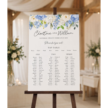 Personalised Affinity Dusty Blue wedding table plan with elegant blue floral seating chart