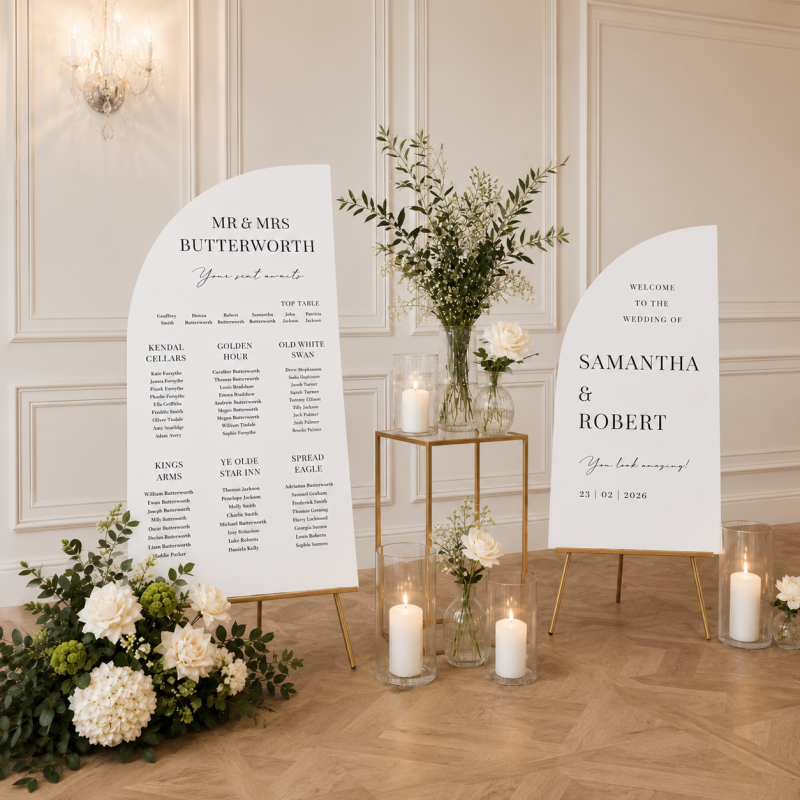 Personalised Half Arch Wedding Sign Set with Matching Welcome Sign and Seating Plan for Modern Weddings