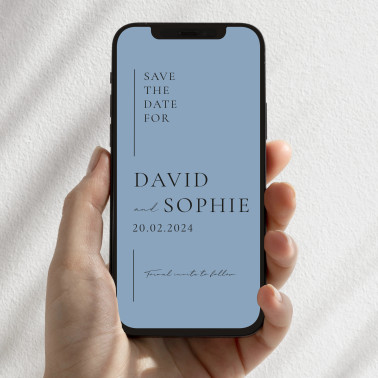 Personalised dusty blue floral digital save the date wedding e-card displayed on a smartphone