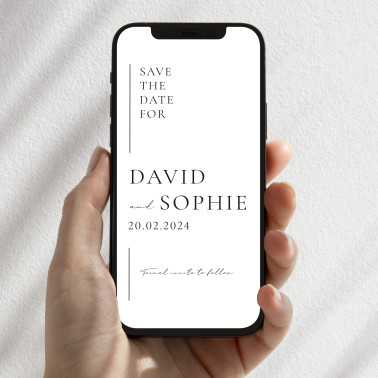 Modern minimalist digital save the date wedding invitation displayed on a smartphone with personalised wedding details.