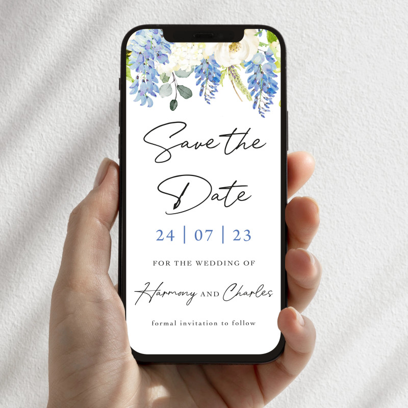 Digital dusty blue floral save the date wedding invitation displayed on a smartphone with personalised wedding details.