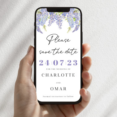 Personalised wisteria digital save the date wedding invitation displayed on a smartphone with purple floral design.