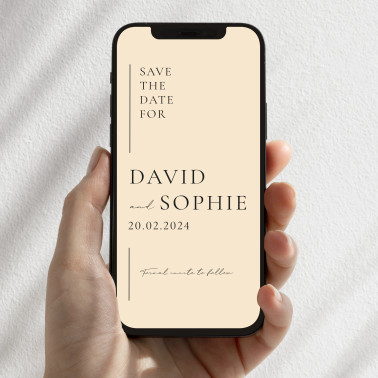 Personalised champagne and cream digital save the date wedding invitation displayed on a smartphone.
