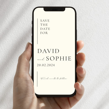 Personalised beige and pearl digital save the date wedding invitation displayed on a smartphone.