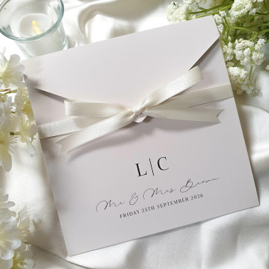 Luxury ivory pocketfold wedding invitation opened to reveal the personalised invitation and elegant sage leaf design.