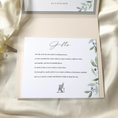 Wedding gift and information cards from the ivory pocketfold invitation suite with elegant botanical detailing.