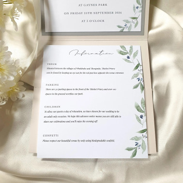 Personalised RSVP card with sage botanical design from the ivory pocketfold wedding invitation collection.
