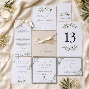 Luxury olive leaf wedding stationery sample collection featuring elegant botanical designs.