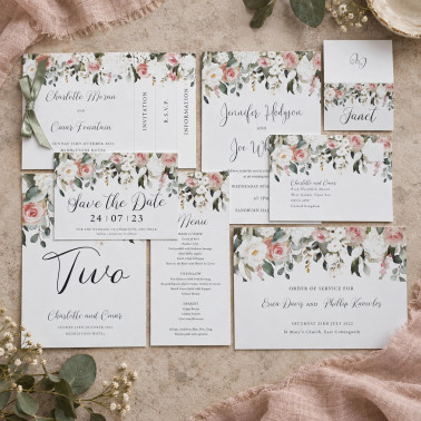Affinity Blush Roses wedding stationery sample featuring elegant blush floral design