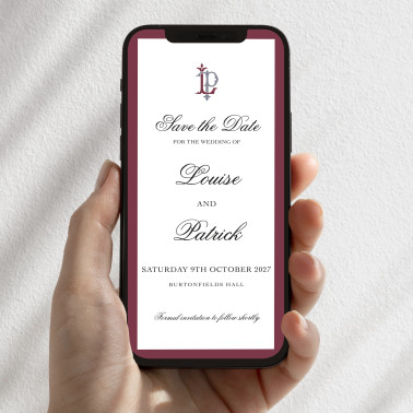 Personalised dusky pink wedding save the date eCard featuring the couple’s names and wedding date.
