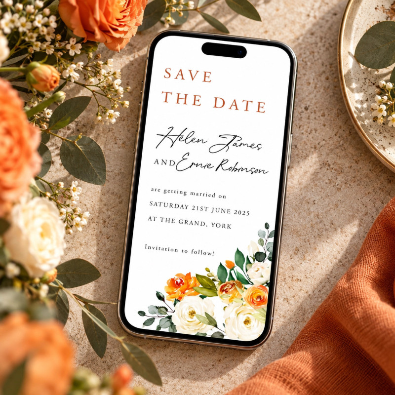 Personalised burnt orange wedding save the date perfect for autumn weddings