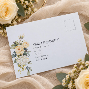 Close-up of personalised butter yellow wedding invitation showing elegant floral stationery details