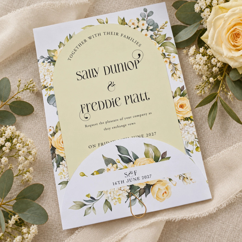 Arched butter yellow wedding invitation with personalised initials and delicate floral design