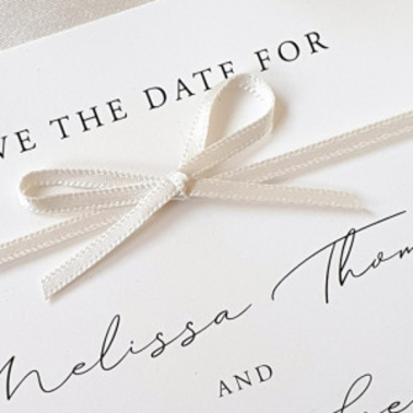 Personalised Wedding Save the Date Card with Elegant White Satin Ribbon and Bow