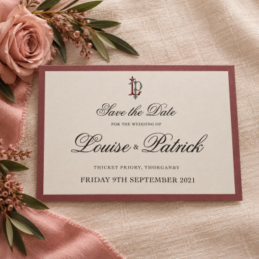 Elegant personalised dusky pink Save the Date card featuring timeless typography for romantic weddings.