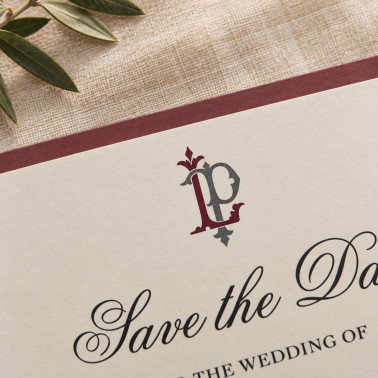 Dark Pink Save the Date card with traditional style