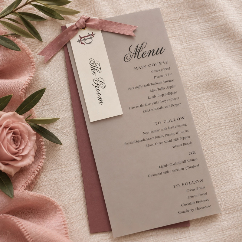 Elegant personalised wedding menu card in a soft dusky pink design, perfect for romantic wedding receptions.