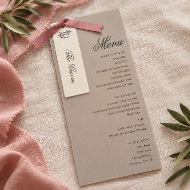 Luxury dusky pink wedding menu printed on premium cardstock to complement your coordinated stationery suite.