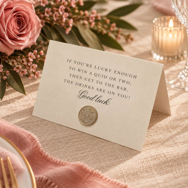 Signature Dusky Pink wedding favour holders with space for a lottery scratch card and lucky coin.