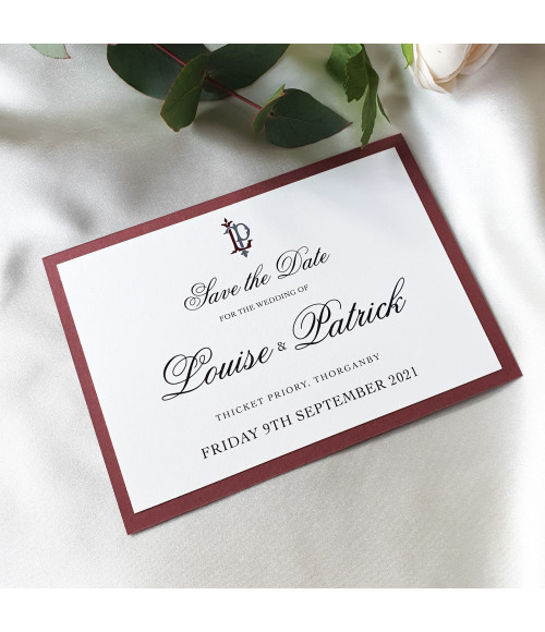 Elegant personalised dusky pink Save the Date card featuring timeless typography for romantic weddings.